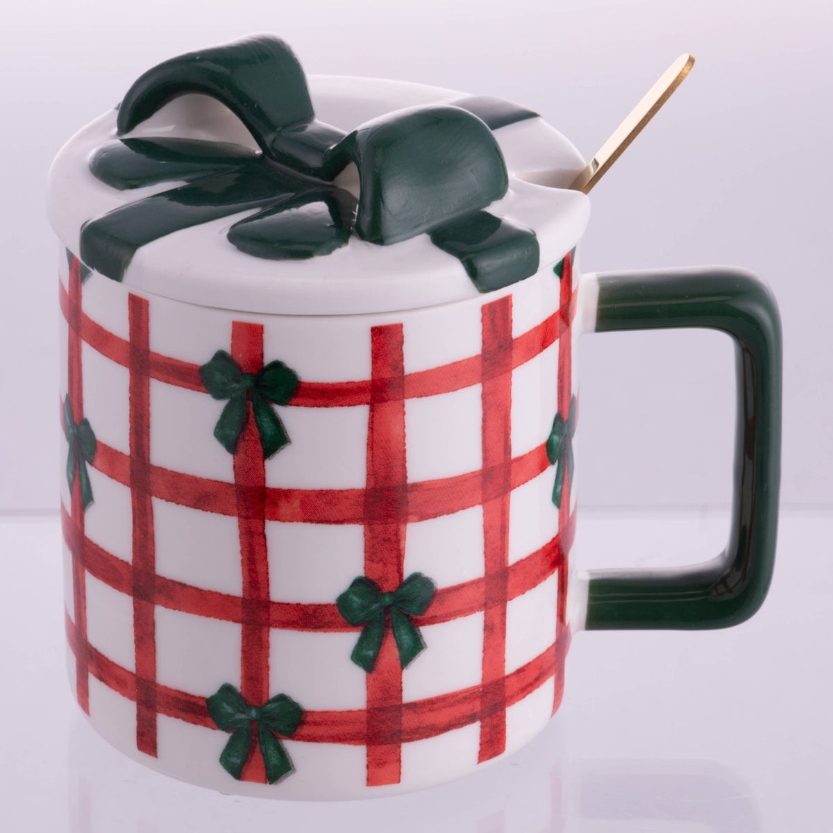 Taza Cuadros Rojos y Blancos Lazo Verde