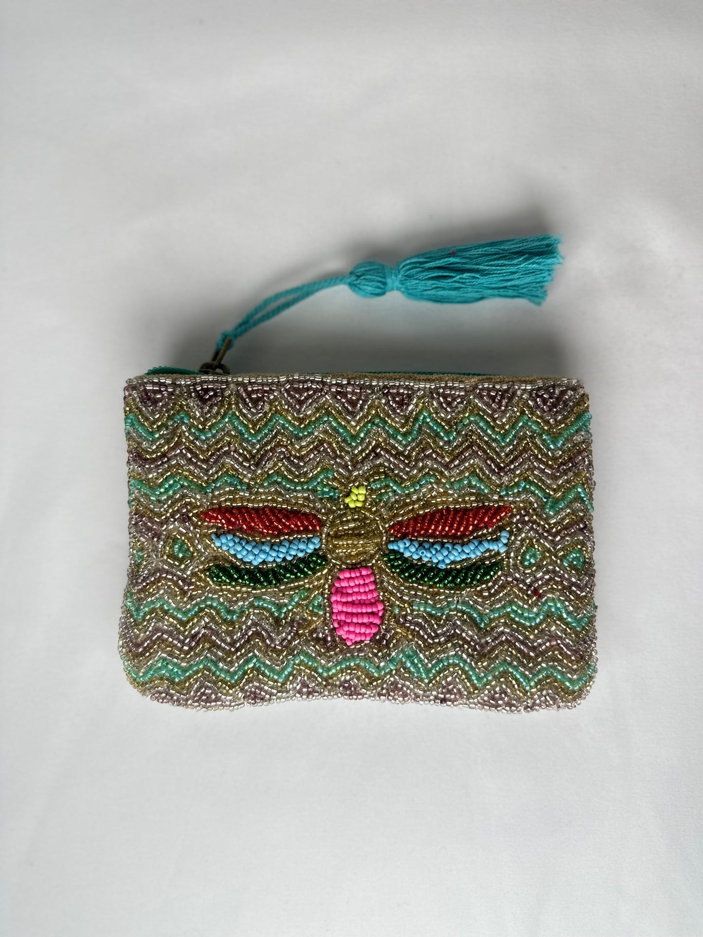 Monedero Cuentas Libélula Borla Azul Claro Parte Detrás Tejido Alfombra