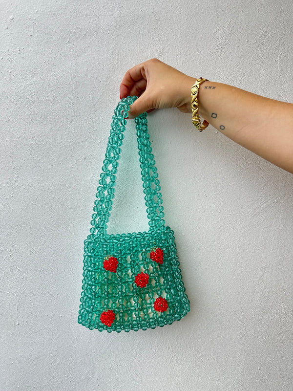 Mini Bolso Cuentas Azul Turquesa con Fresas