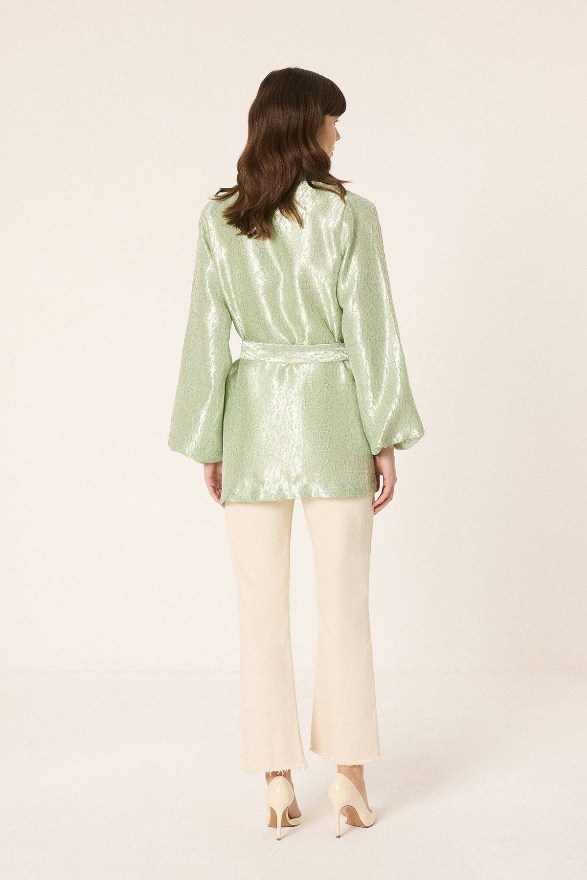Chaqueta Kimono Jacquard Verde Agua con Cinturón