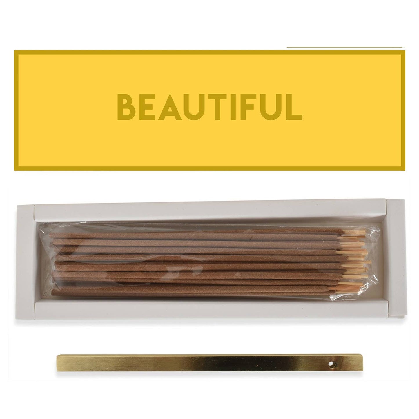 Caja Incienso Amarilla Mango con Frase "Beautiful" + Soporte