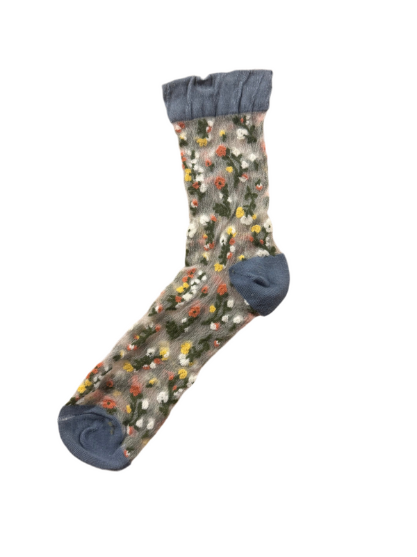 Media Transparente Súper Elástica Azul Con Flores