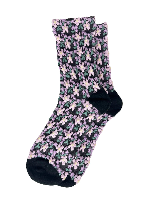 Calcetines Mujer Flores Fruncidas Morado Blanca Verde Puntera Negra