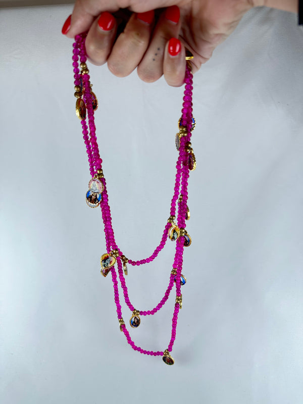 Collar Cuentas Escapulario Budha Fucsia 170cm