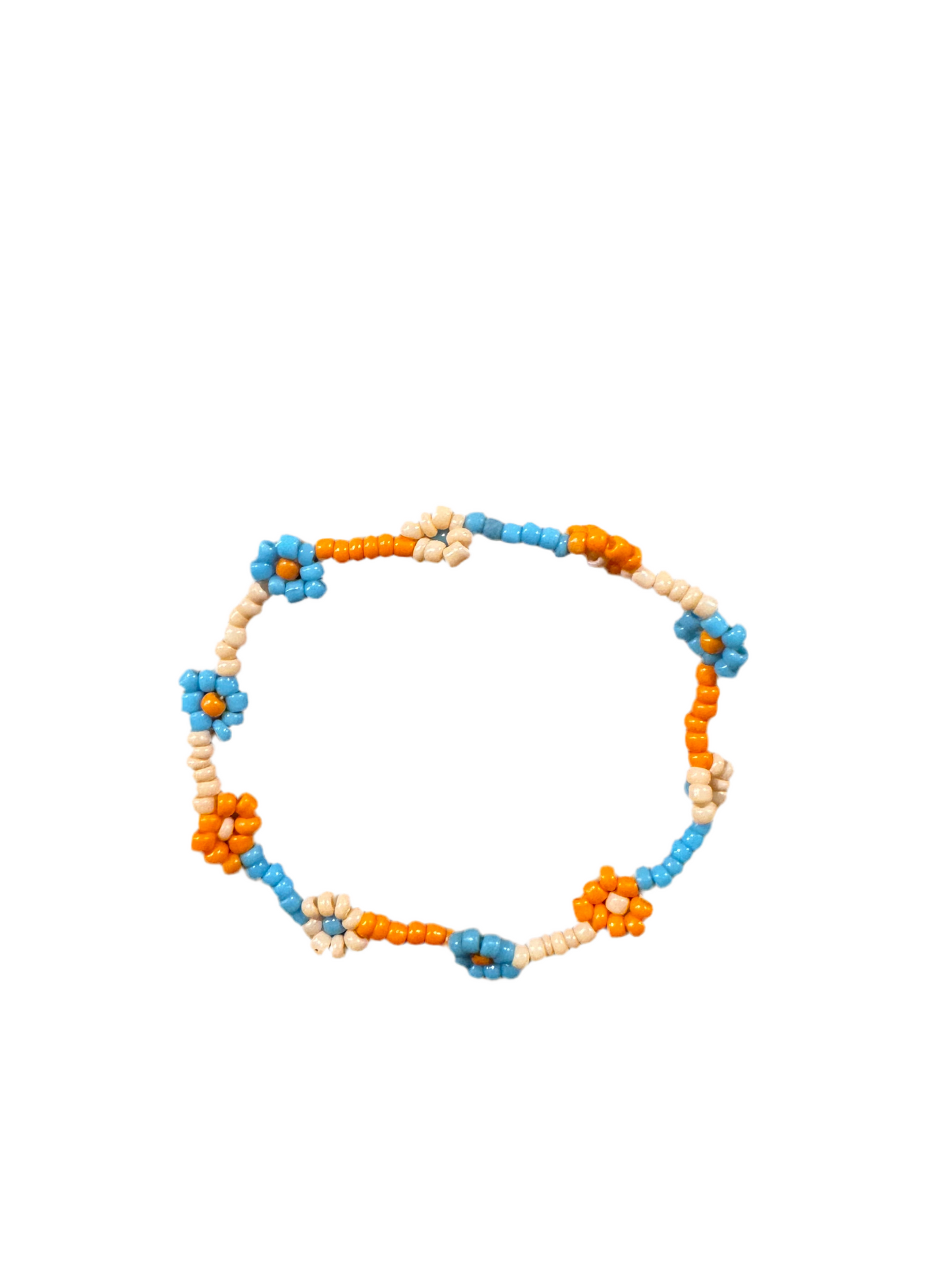 Pulsera Cuentas Bolitas Rosa y Naranja con Flores Margarita Naranja y Azul