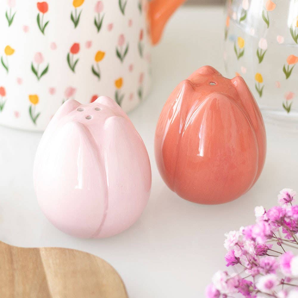 Salero y Pimentero Cerámica en Forma de Tulipán Rosa y Naranja