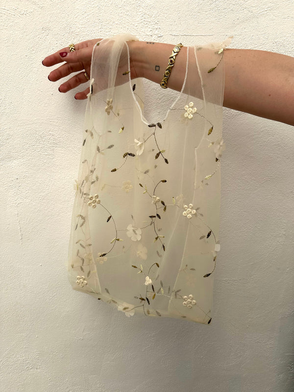 Bolsa Organza Transparente Flores Blancas