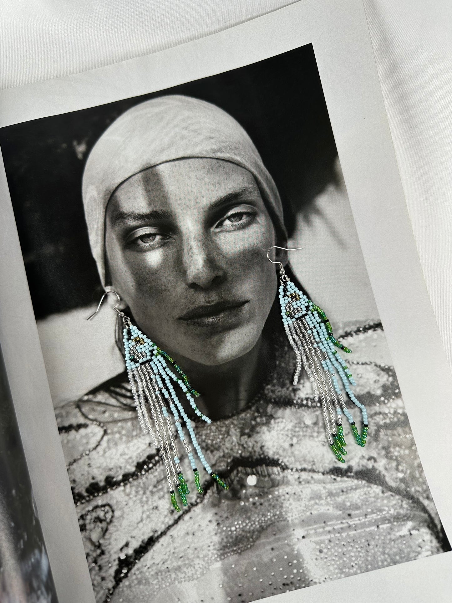 Pendientes Cuentas Pez Azul Verde Plateado