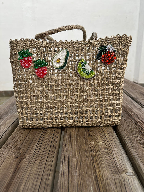 Bolso Capazo Cubo de Mano con Frutas de Predería M Natural Beige