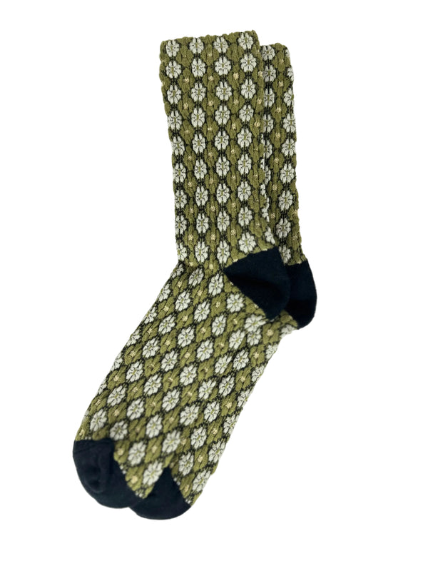 Calcetines Mujer Flores Fruncidas Verdes Blancas Puntera Negra
