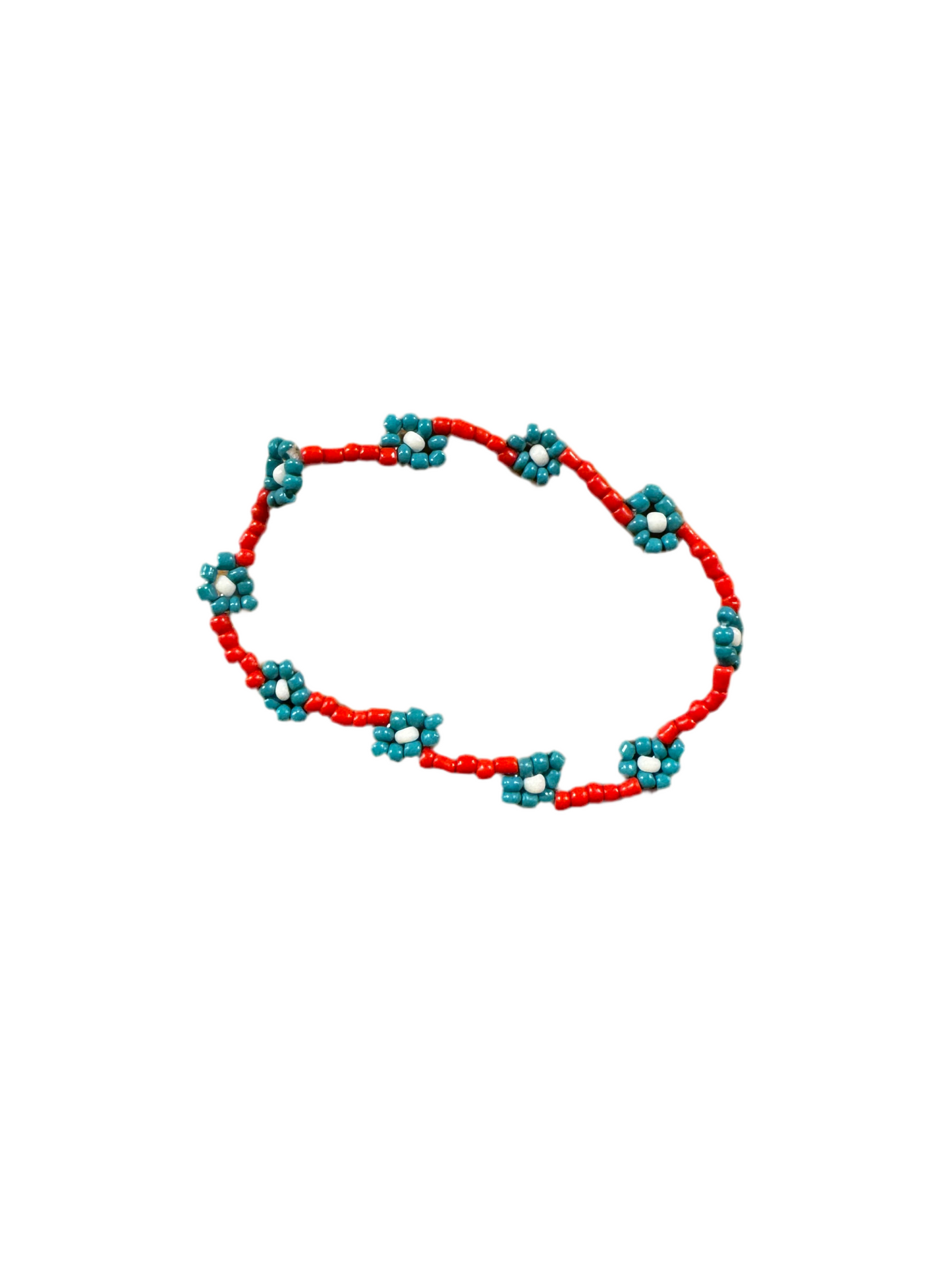 Pulsera Cuentas Bolitas Rojas Flores Margaritad Azul Blanco