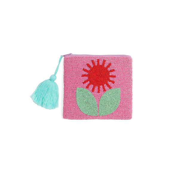 Cartera Monedero Clutch Cuentas Rosa Flor Rosa