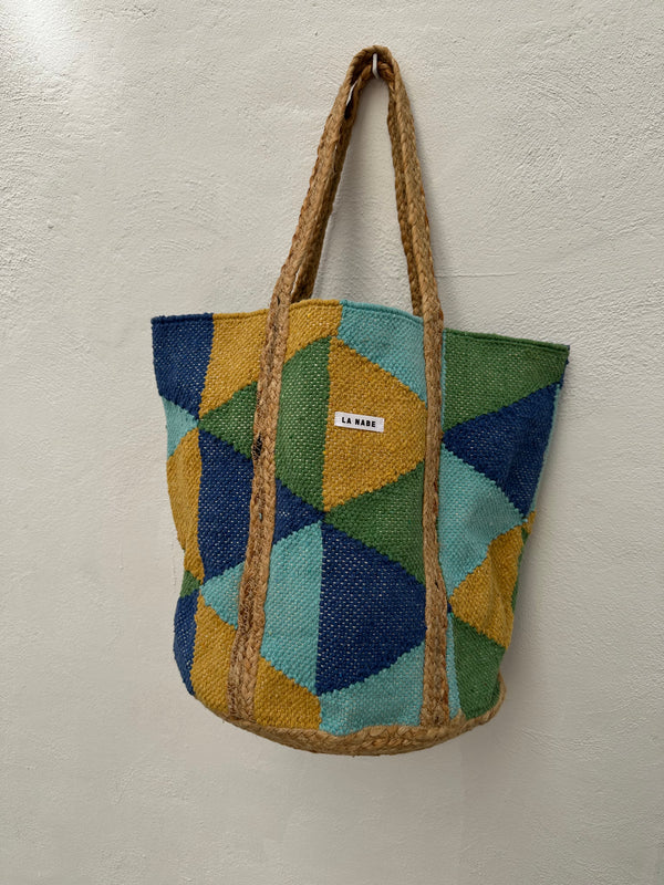 Bolso Saco Mimbre Rombos Geométrico Azul Verde Amarillo