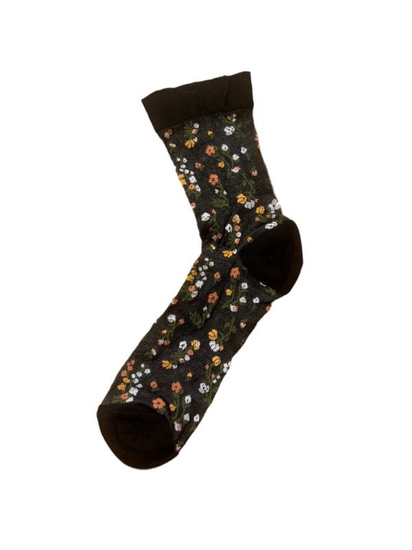 Media Transparente Súper Elástica Negro Con Flores