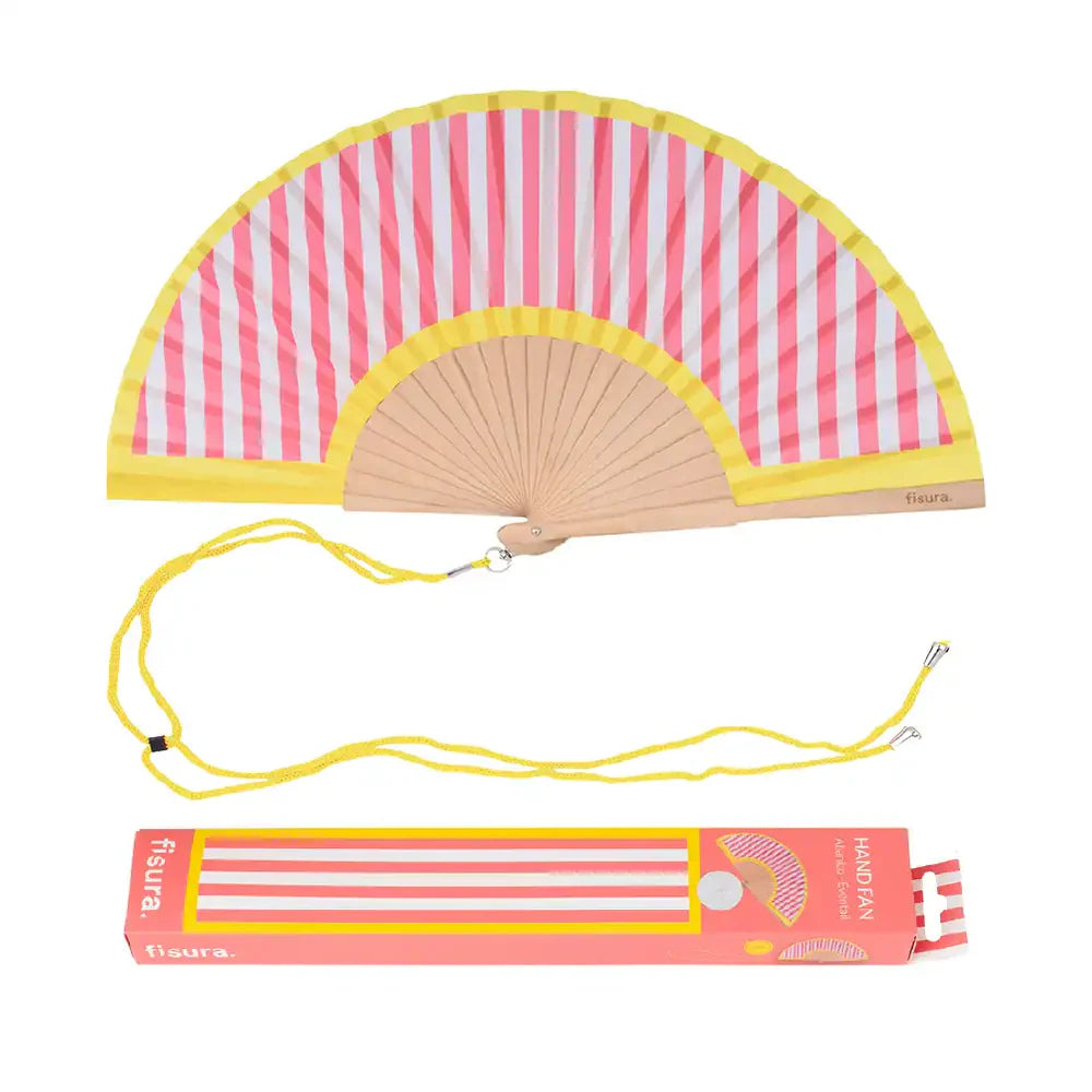 Abanico Rayas Rosa Azul y Blanco Borde Amarillo