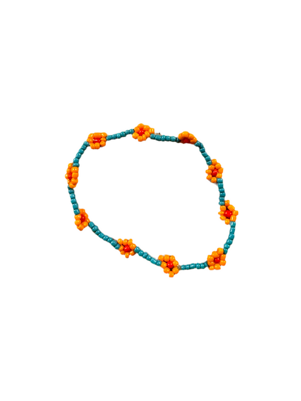Pulsera Cuentas Bolitas Turquesa con Flores Naranja y Rojo