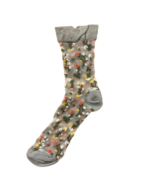 Media Transparente Súper Elástica Gris Claro con Flores