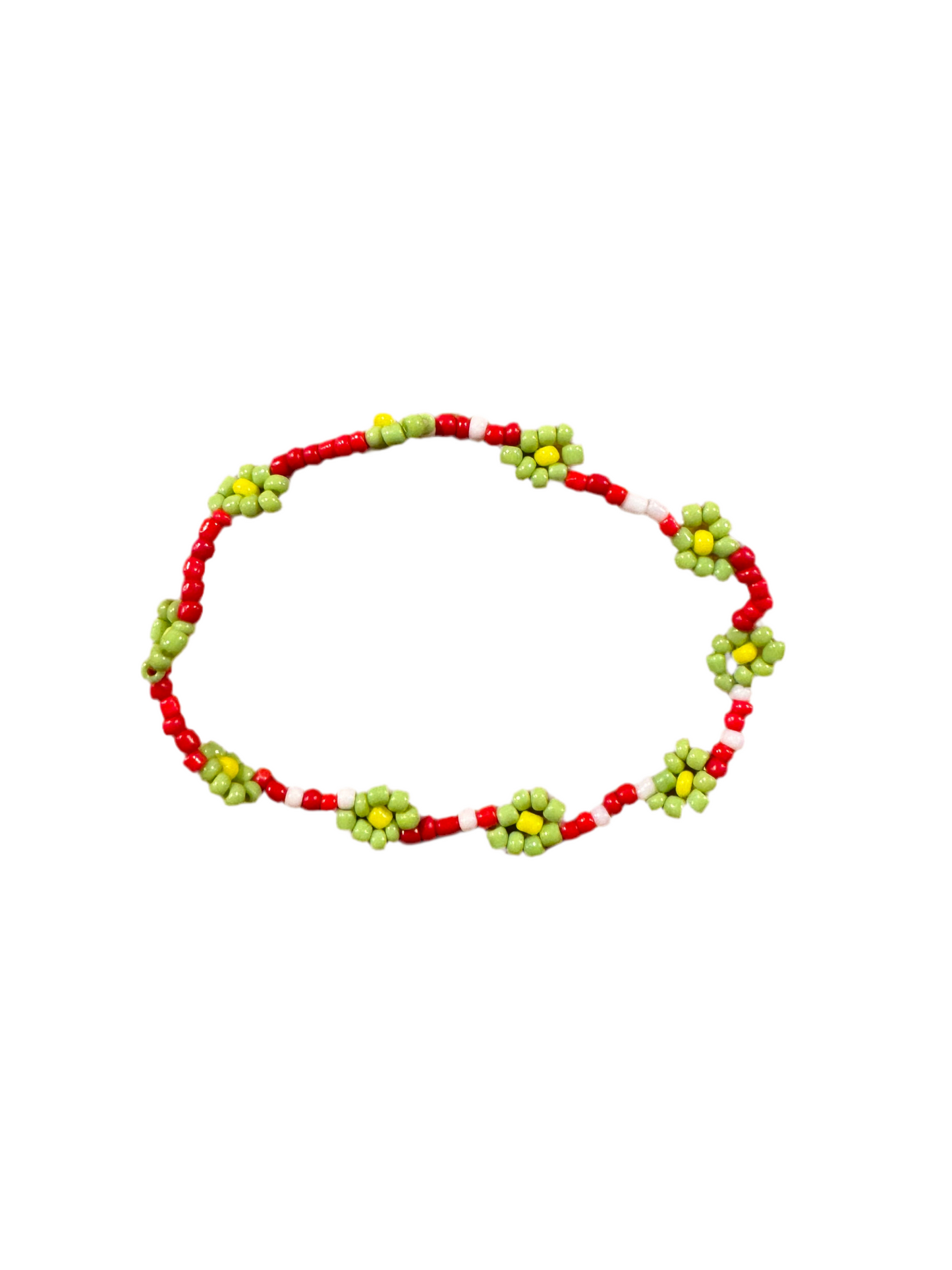 Pulsera Cuentas Bolitas Roja y Blanca con Flores Verdes y Amarillas