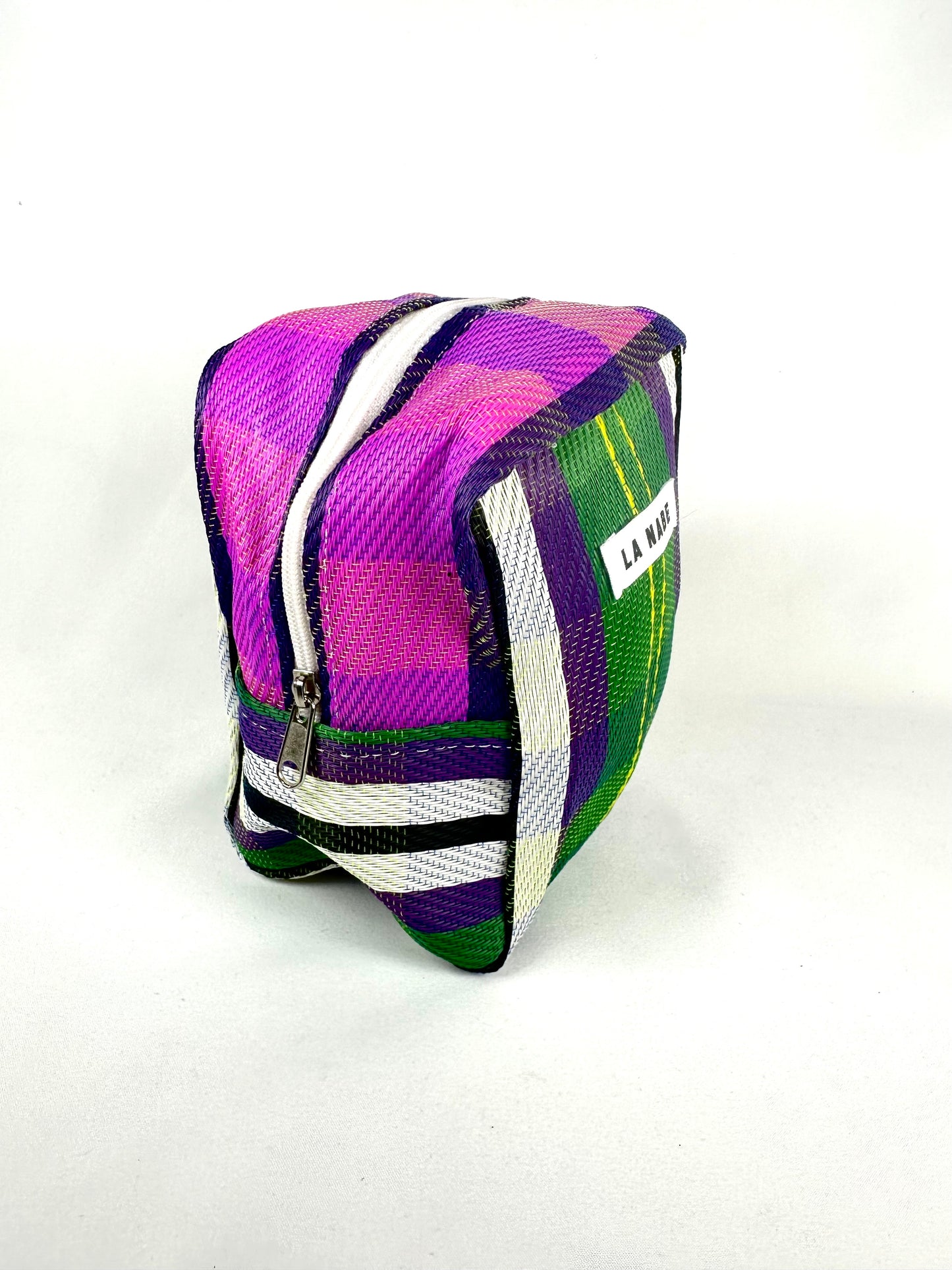 Mini Neceser Plástico Reciclado rayas rosa, verde y morada