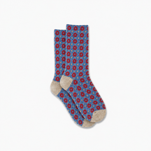 Calcetines Mujer Flores Fruncidas Bordadas Azul Flor Roja Azul Puntera Beige