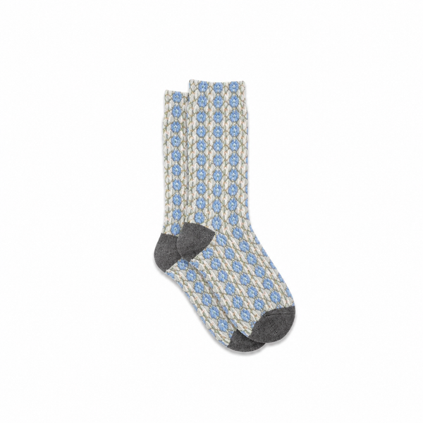 Women's Socks Blue Embroidered Ruffled Flowers White Background Gray Toe