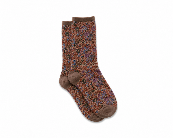 Calcetines Mujer Flores Fruncidas Bordadas Marrón