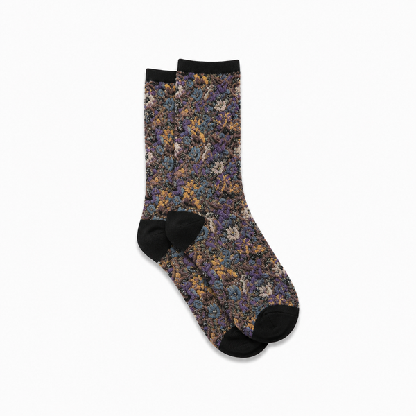 Calcetines Mujer Flores Fruncidas Bordadas Negro