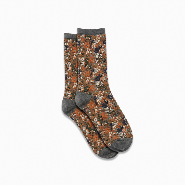 Calcetines Mujer Flores Fruncidas Bordadas Gris