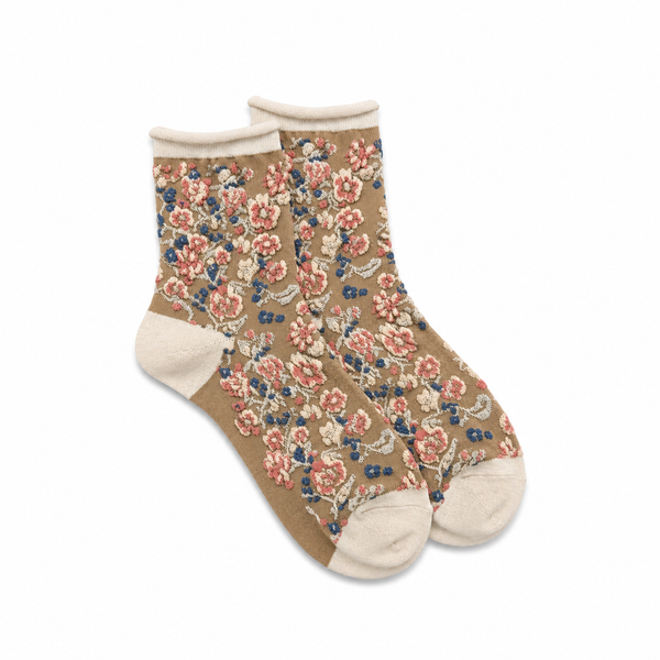 Calcetines Mujer Flores Fruncidas Bordadas Caña Baja Beige