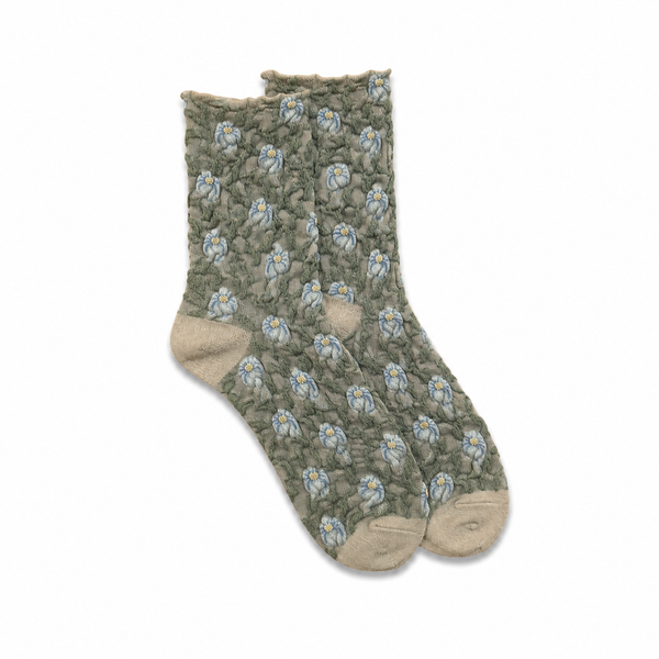 Calcetines Mujer Flores Fruncidas Bordadas Gris Flores Azules Tallo Verde