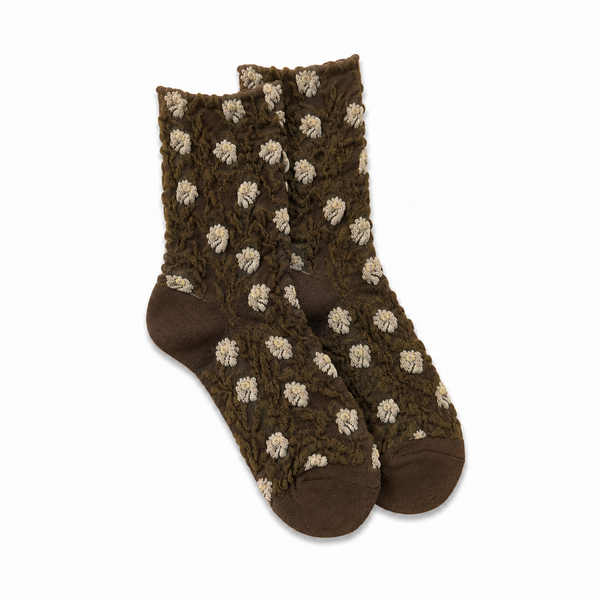 Calcetines Mujer Flores Fruncidas Bordadas Marrón Flores Gris