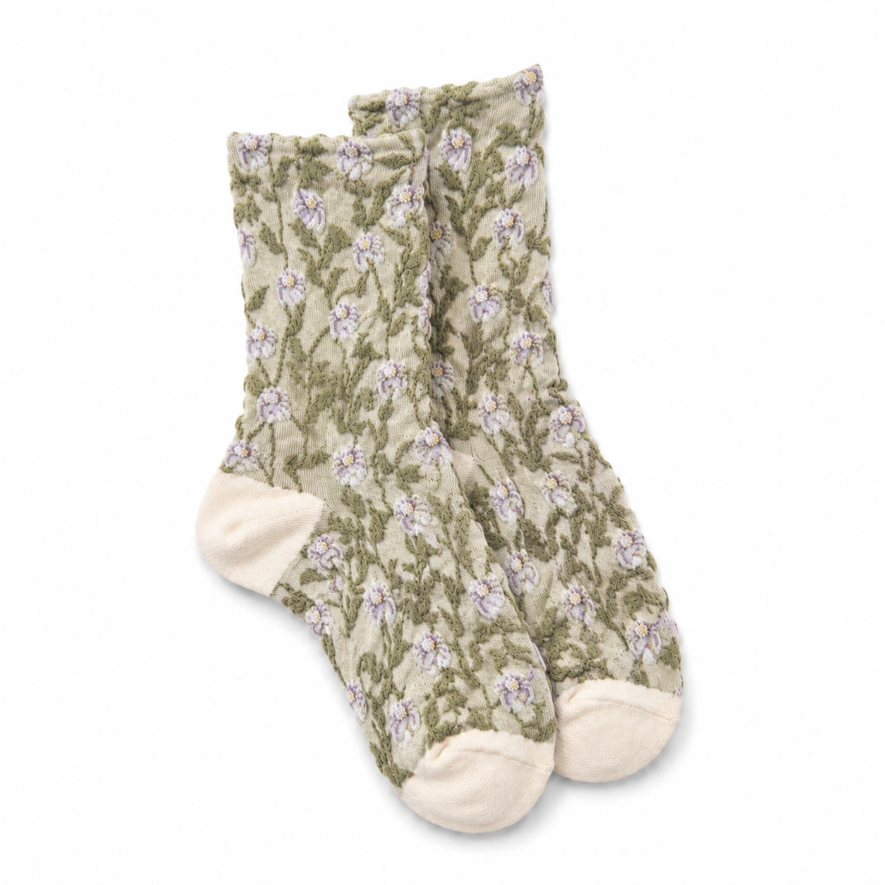 Calcetines Mujer Flores Fruncidas Bordadas Verde Menta con Flor Morada con Tallo