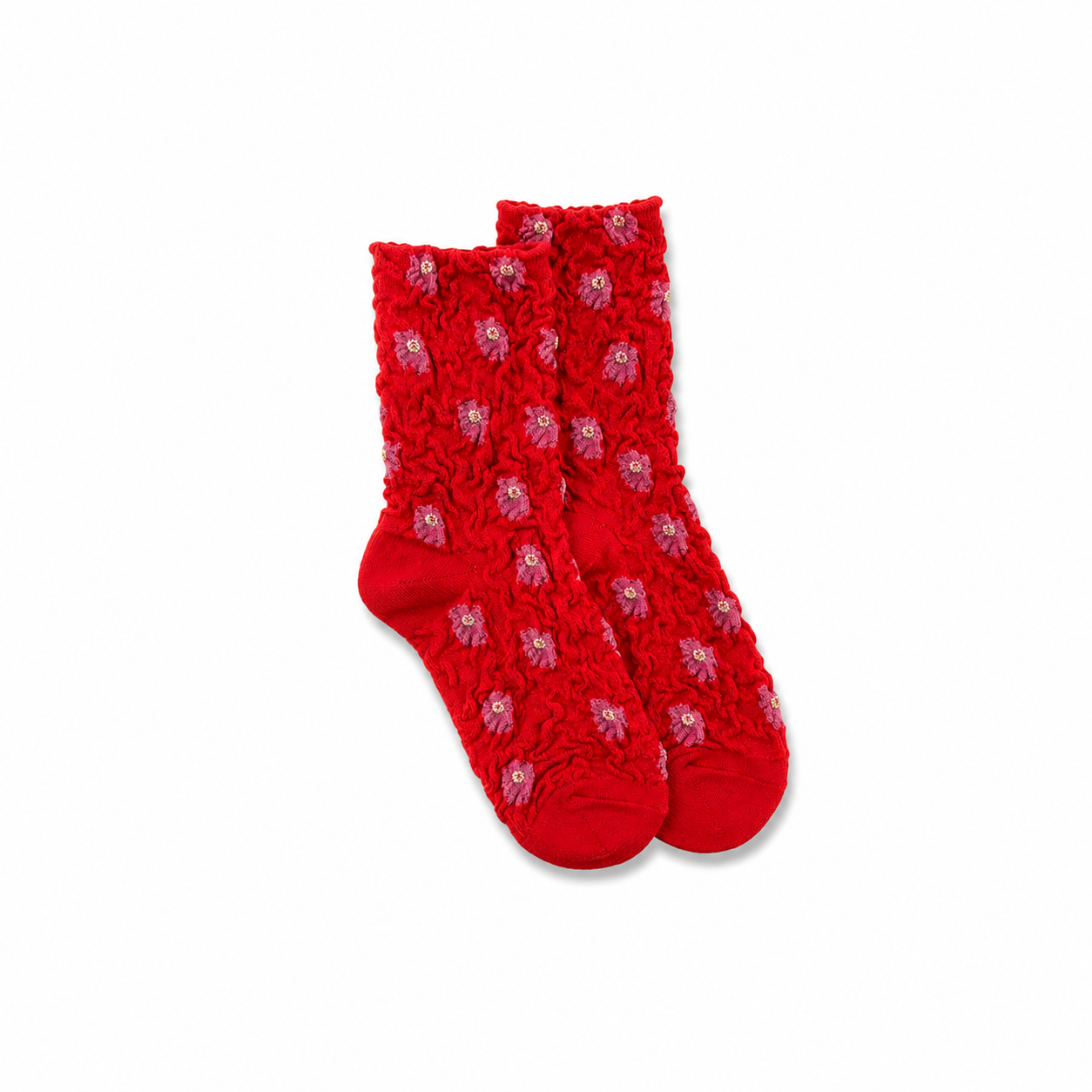 Women's Red and Pink Embroidered Ruffled Floral Socks