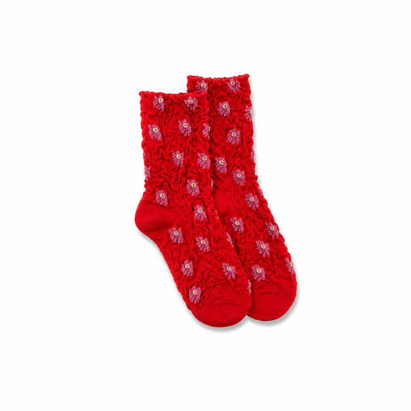 Calcetines Mujer Flores Fruncidas Bordadas Rojo y Rosa