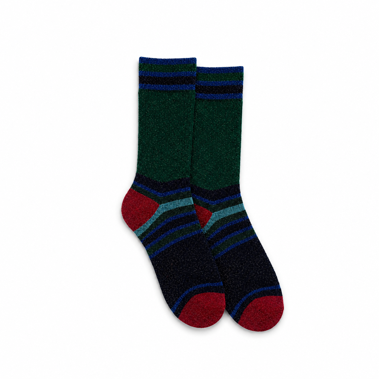 Women's Green Glitter Stripe Red Toe Socks
