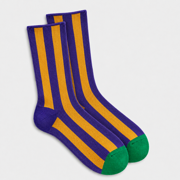 Calcetines Mujer Rayas Mostaza y Morado Puntera Verde Oscuro