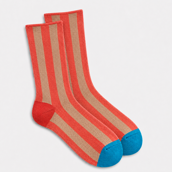 Calcetines Mujer Rayas Naranja Beige Puntera Azul