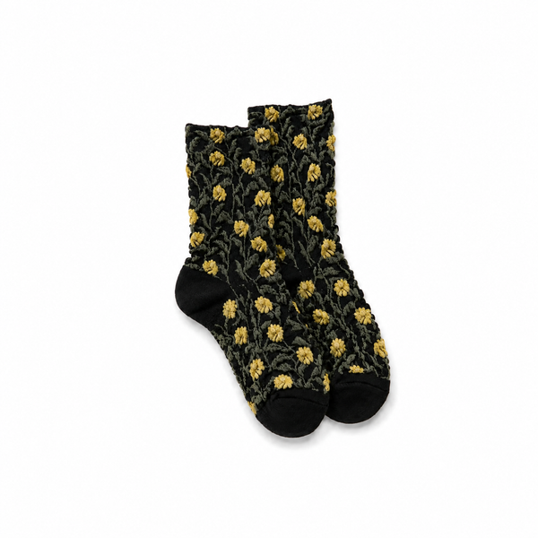 Calcetines Mujer Flores Fruncidas Bordadas Negro Flores Amarillas