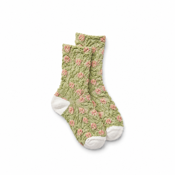 Calcetines Mujer Flores Fruncidas Bordadas Verde Claro Flores Rosas