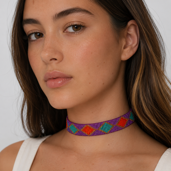 Choker Cuentas Morado Rombos Multicolores