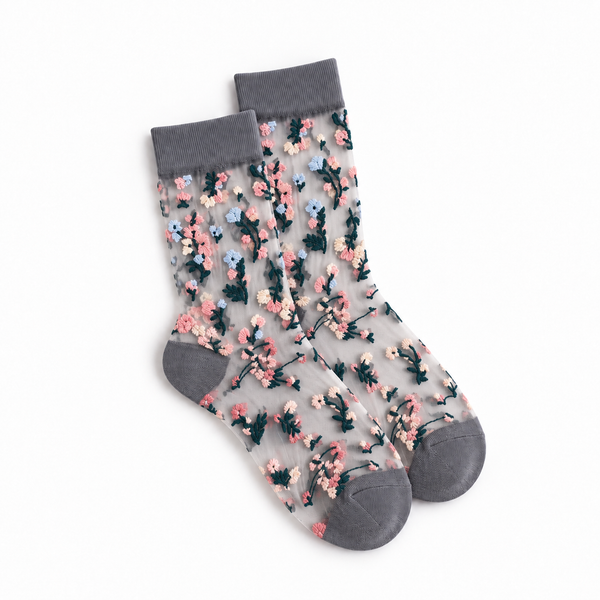 Calcetines Medias Transparentes Súper Elástica Gris con Flores