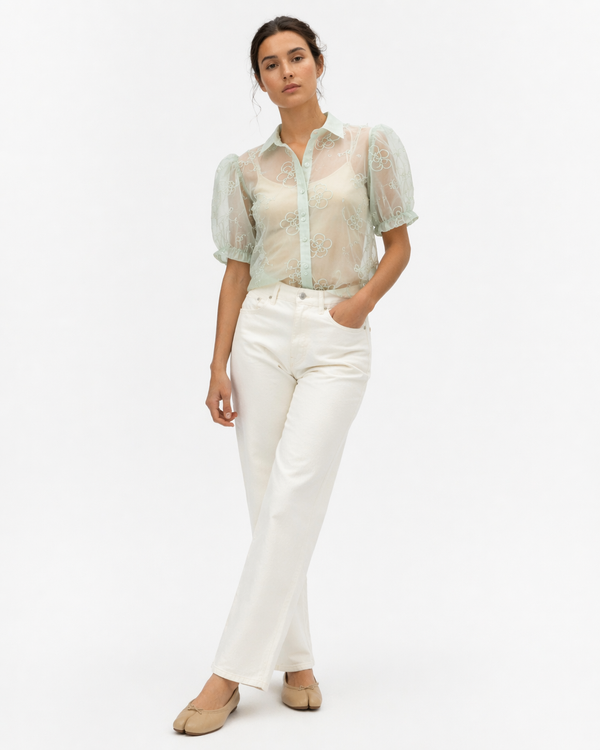 Blusa Verde Agua Claro Transparente con Flores Caladas Manga Abullonada