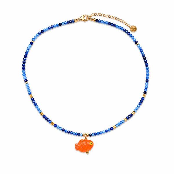Navy Blue Necklace with Orange Ceramic Fish
