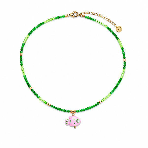 Green Necklace with Pink Fish