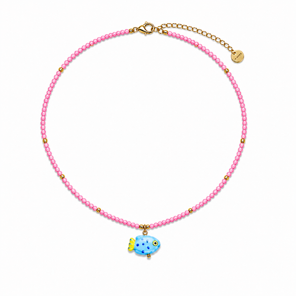 Pink Necklace with Blue Ceramic Fish