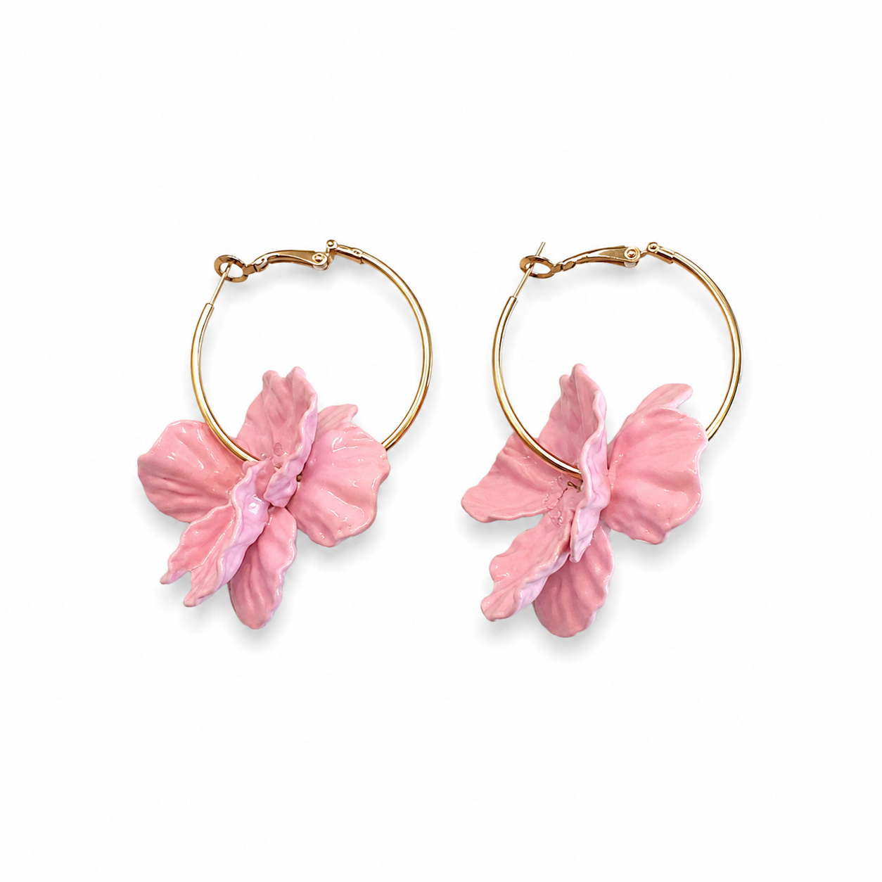 Pendientes Aro Doraddo con Flor Pétalos Rosa