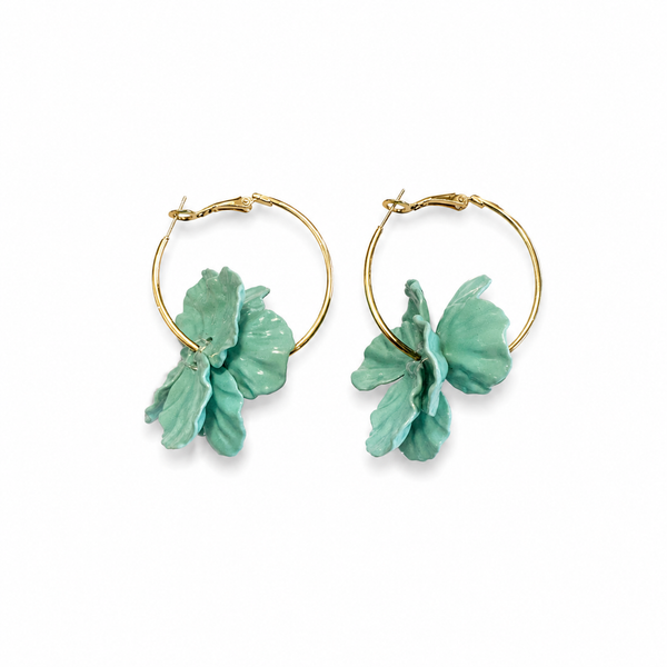 Gold Hoop Earrings with Green Petal Flower