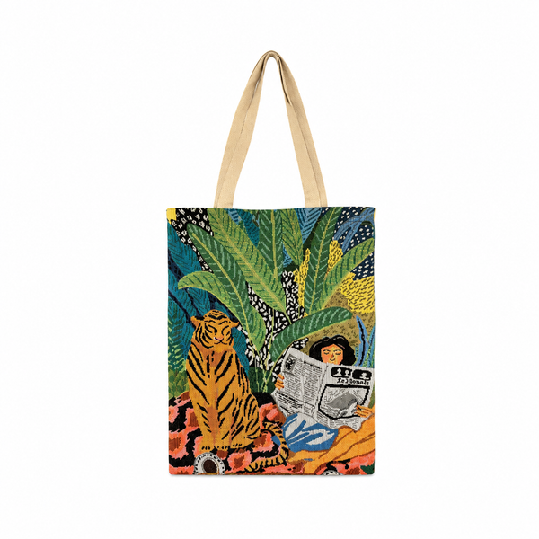 Bolsa Tote Estampado Tigres con Libros Fondo Verde