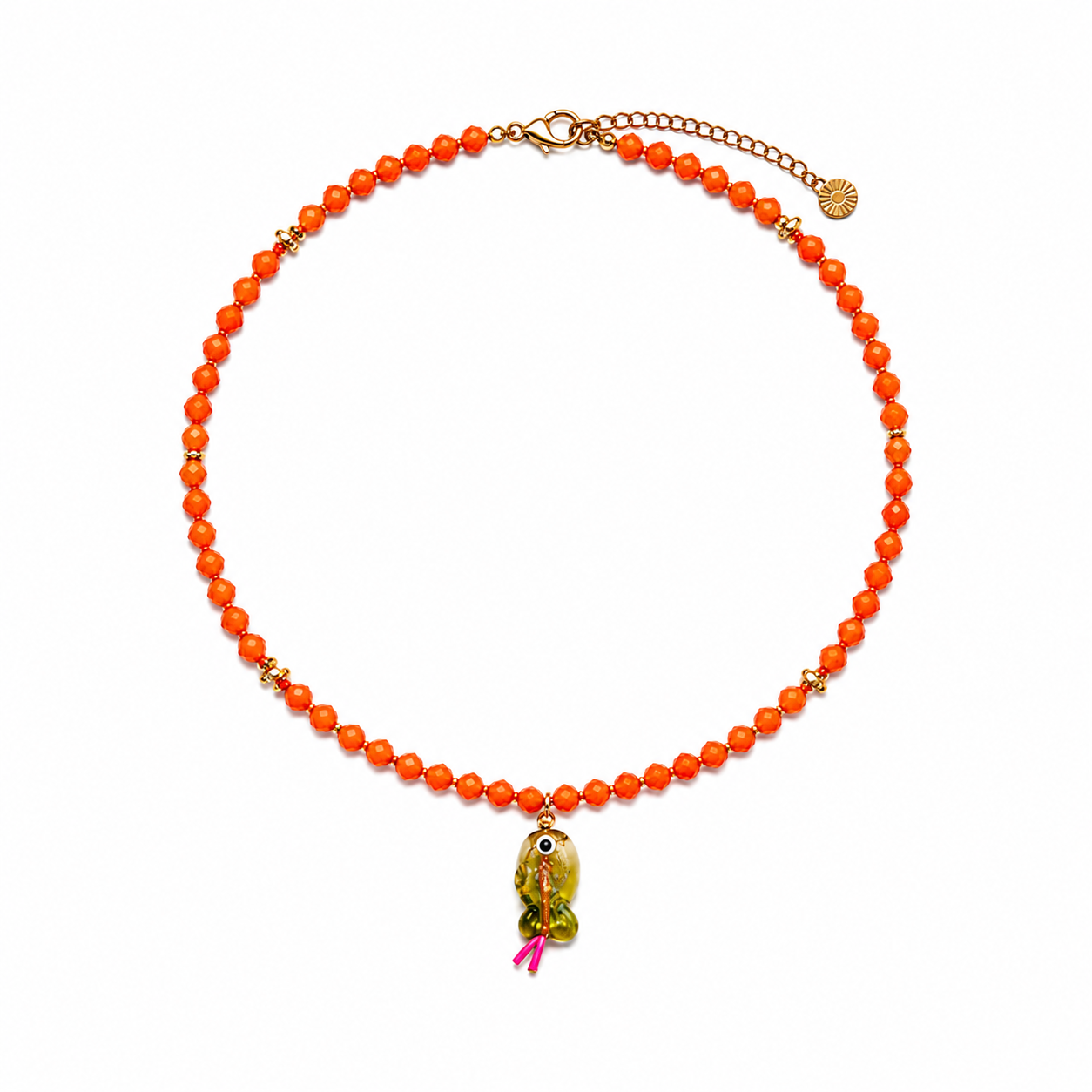 Collar Naranja con Pez Cristal Verde