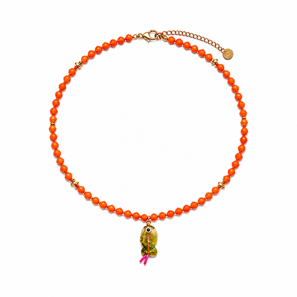 Collar Naranja con Pez Cristal Verde